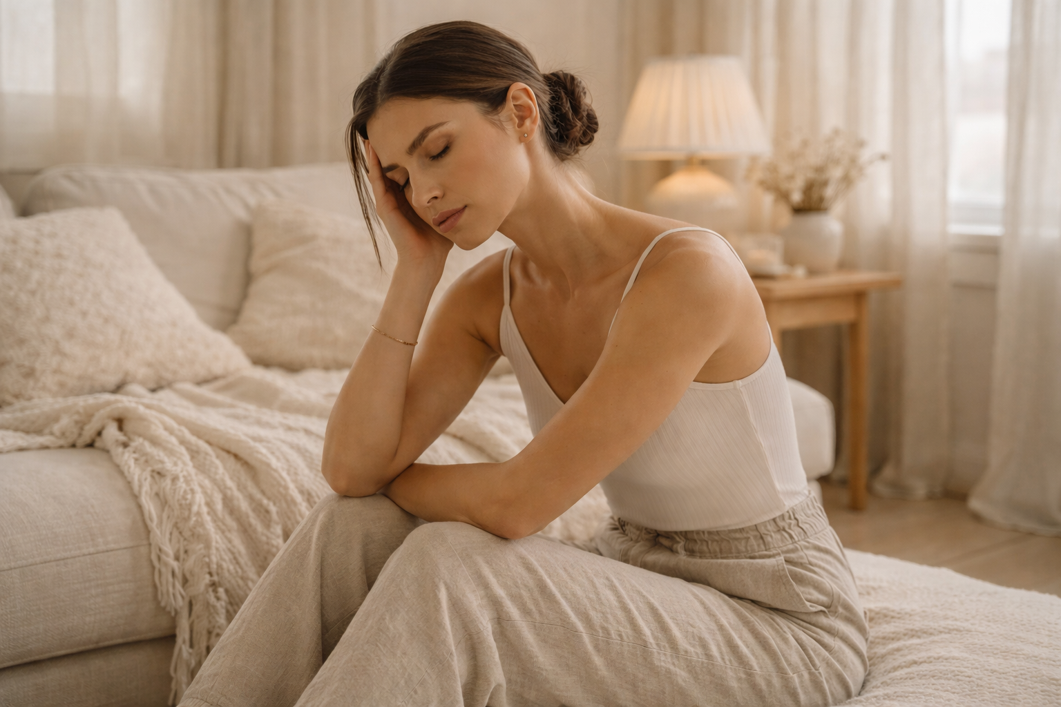 Femme fatiguée dans une ambiance douce et apaisante