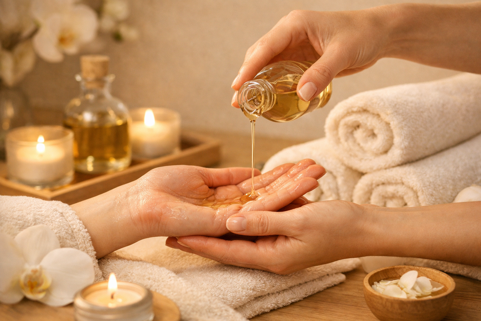 Huile de massage dans une ambiance bien-être douce et raffinée